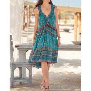 Sundance Size M Teal Floral Ruffle Tiered Midi Dress Cotton Boho Hippie Chic